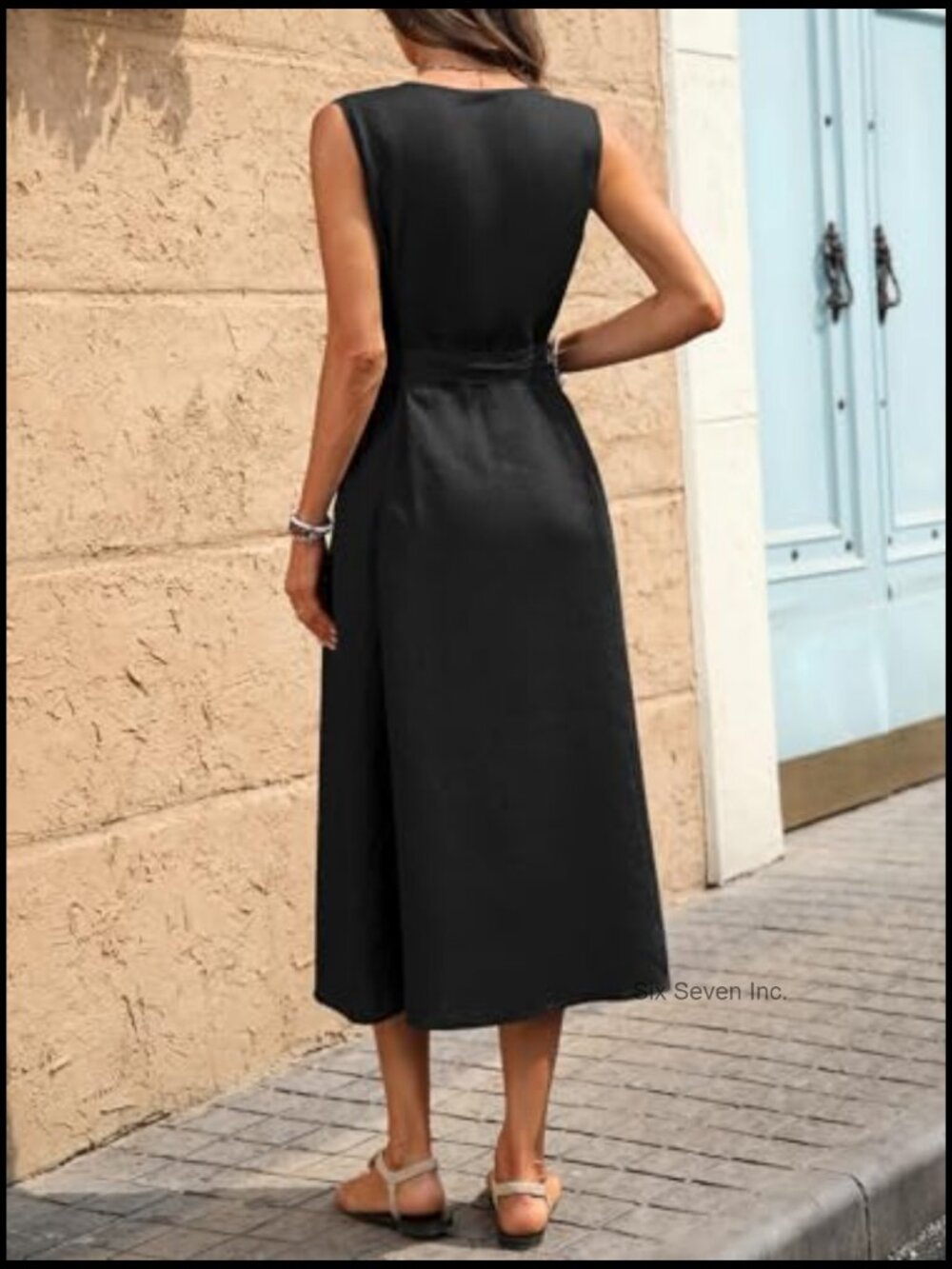 100% Linen Midi Dress with V Neck Sleeveless Design and Waist Belt - Picture 6 of 7